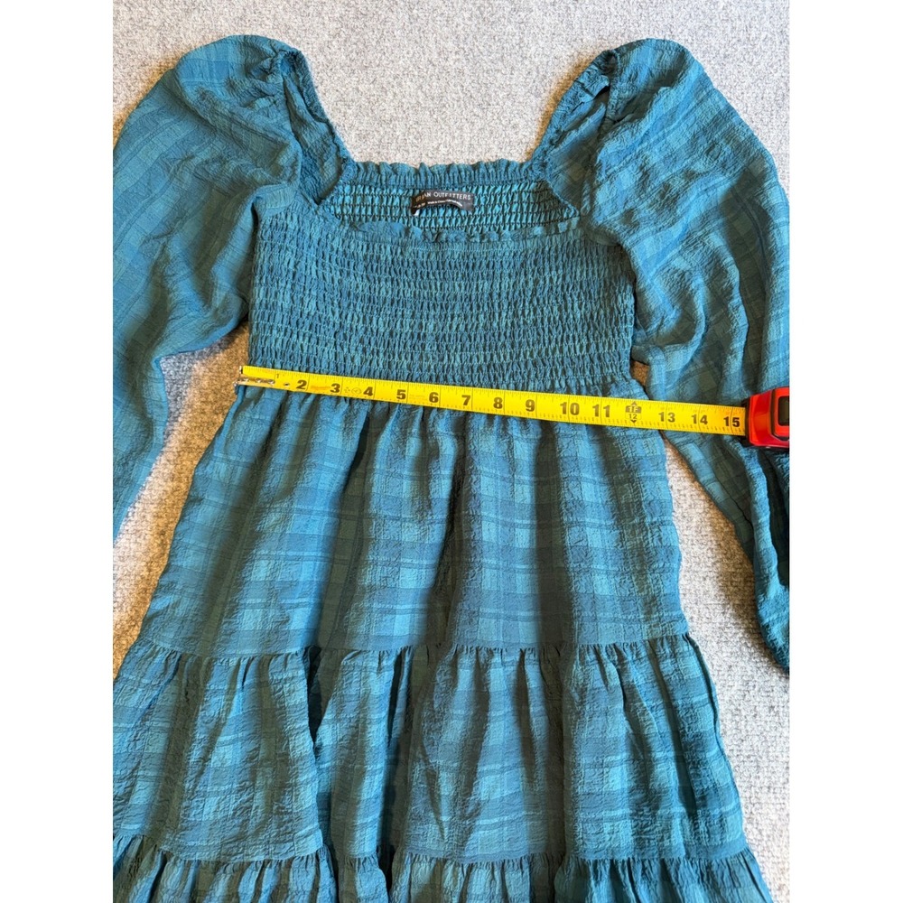 Urban Outfitters Smocked Plaid Mini Dress Teal Blue Long Sleeve Tiered XS - Picture 5 of 9